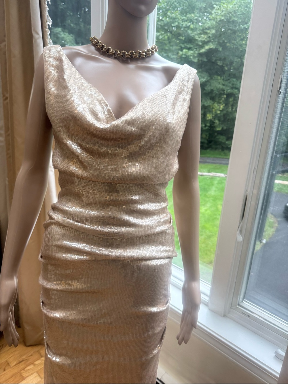 Nicole Miller Metallic Gold Draped Midi Dress
